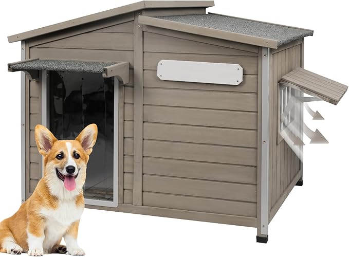 PetsCosset Dog House Outdoor Weatherproof, Anti-Chewing Iron Frame Dog Kennel Outside, Wooden Outside Shelter Pet House for Small, Medium, and Large Dogs with Elevated Floor (Grey, 44" L*30" W*34" H)