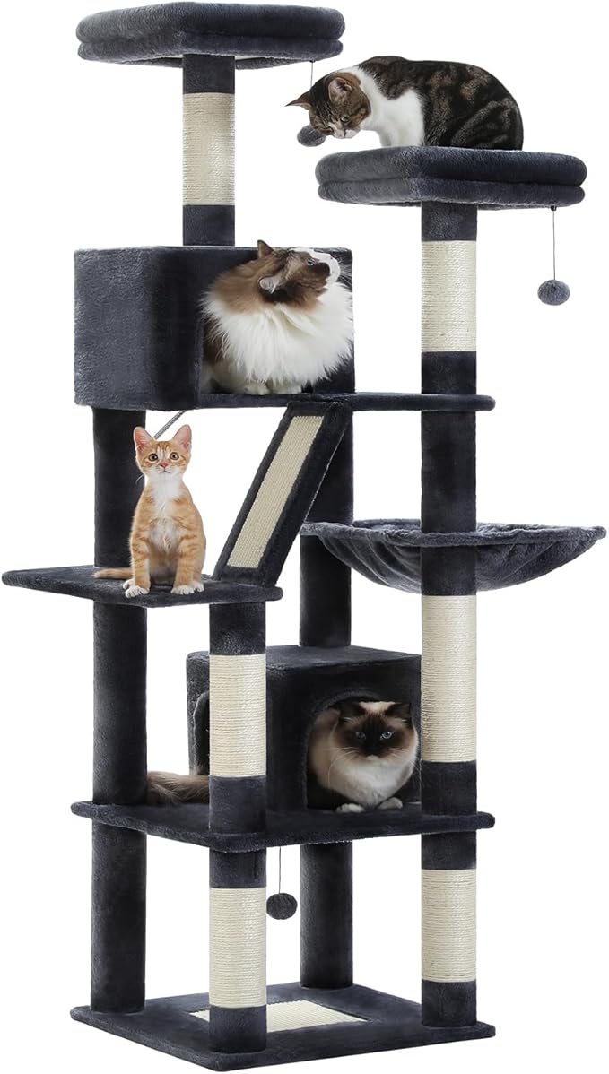 Tall Cat Tree 70.9"- Cat Tower with 6 Scratching Posts, Multi-Level Climbing Tower with 2 Condos, 2 Scratching Boards, 2 Top Beds & Hammock for Indoor Large Medium&Small Cats, Dark Gray