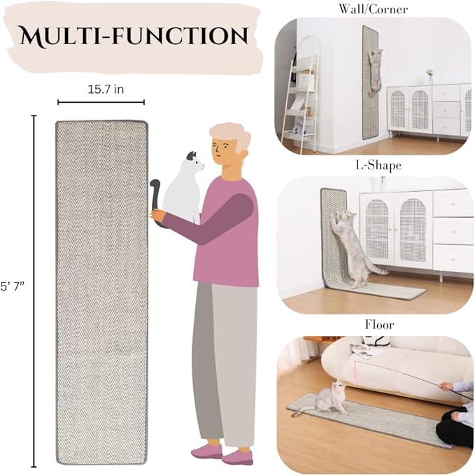 67''x15.7'' Extra Long and Thickened Sisal Cat Runner Rug, Wall Climbing Carpet, Sofa Protector, Durable Cat Wall/Door/Corner Scratcher, Attachable Scratch Pad for Indoor Cats, Hallway Rug(Fishbone)