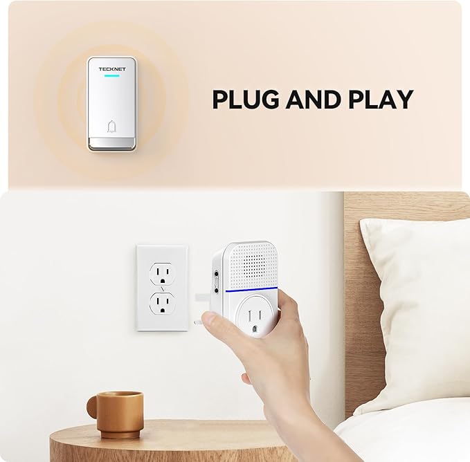 TECKNET Wireless Doorbell, Plug-through Door Bell, IP66 Waterproof Doorbells, 1300ft Cordless Rang Door Bell Ringer Wireless, 60 Ringtones & 5 Level Volume, 0-110 dB Doorbell Chime for Home/Classroom