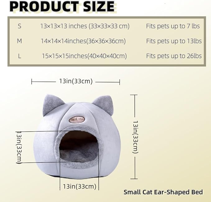 Cat Ear-Shaped Bed for Indoor Cats,Semi-Enclosed Kitten Bed with A Removable Mat & Non-Slip Bottom for Cat and Small Dog,Cats Hideaway (Gray, S:13×13×13in(33×33×33cm))