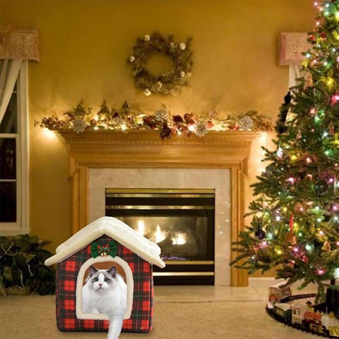 Christmas Cat Bed for Indoor Cats Plaid Xmas Cat Tent Cats Bed Cave for Pets Kittens and Dogs (Christmas Plaid, L (20.5 X 17 X 19.7 Inch))