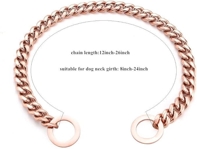 Rose Gold Dog Chain Collar 11mm/15mm/19mm Stainless Steel Cuban Link Chain Collar for Small Medium Large Dogs(11mm,12inch)