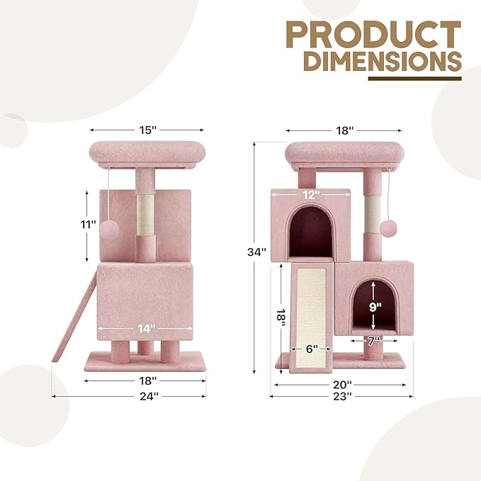 34" Cat Tree Tower Multi-Level Cat Condo with Large Perch, Sisal Scratching Posts and Sisal Ramp for Kittens to Adults Cats, Fits Living Room, Bedroom, Apartments (Pink)