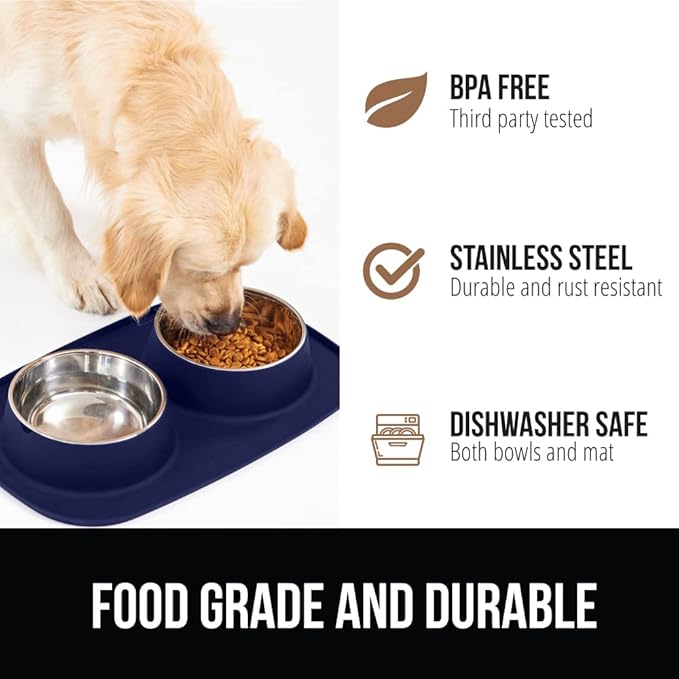 GORILLA GRIP Feeding Mat Bowl Set, 3 Cup 100% Waterproof BPA Free Silicone, 304 Stainless Steel Cat and Dog Bowls for Food and Water, Slip Resistant, High Edge, US Designed, Patent Pending, Navy Blue