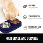 GORILLA GRIP Feeding Mat Bowl Set, 100% Waterproof BPA Free Silicone, 304 Stainless Steel Cat and Dog Bowls for Food and Water, Slip Resistant, High Edge, US Designed, Patent Pending, 1 Cup Navy Blue