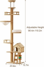 Floor-to-Ceiling Cat Tree with Scratching Posts, 98-110 Inch Adjustable Height, Natural Wood, MDF, Floor Mount