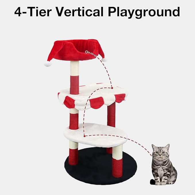 3-Tier Cat Tree, Modern Senior Friendly Cat Tower with Wide Shelves, Scratching Posts, Super Sturdy Base, Cozy Perches, and Interactive Toys for Indoor Kittens, 44.5'' Red & White