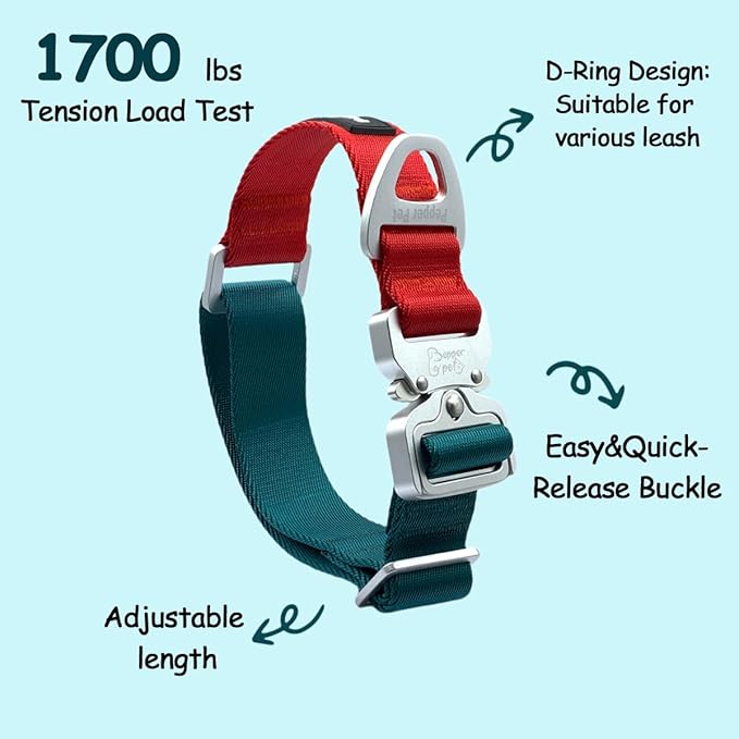 Heavy Duty Tactical Dog Collar,Metal Buckle Quick Release Collar for Large Dogs,1700 LB Strength Tested,Dual Color Nylon Collar for Walking,Training & Hunting