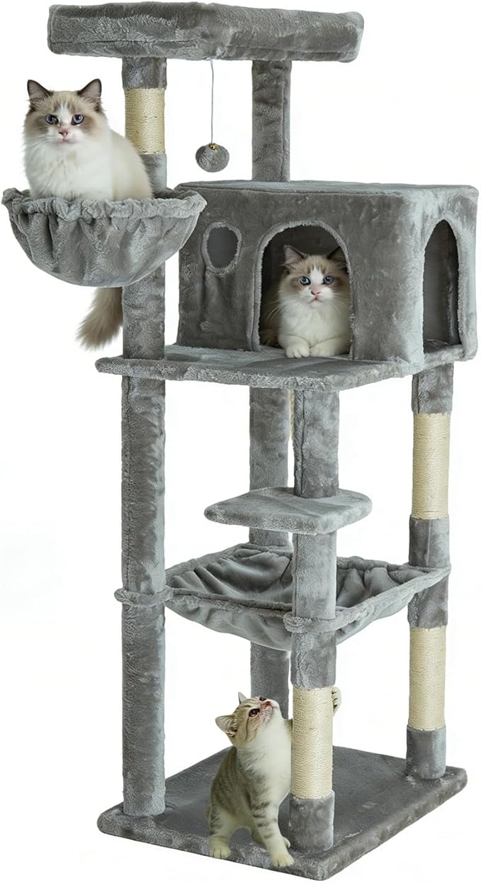 56.2 Inch Cat Tree Condo, Multi-Level Tower with Sisal Scratching Post, Cat House, Plush Toy & Indoor Play Gym (Grey)