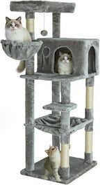 56.2 Inch Cat Tree Condo, Multi-Level Tower with Sisal Scratching Post, Cat House, Plush Toy & Indoor Play Gym (Grey)