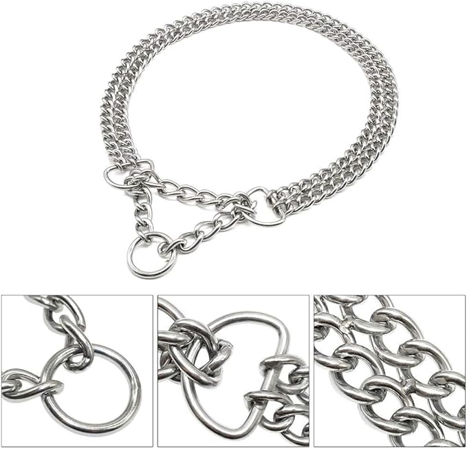 Dog Chain Collar Metal Martingale Collar Anti Chew Training Collars Chew Proof Dog Slip Collar Chrome Plated Double Link Dog Collar for Small Medium Dogs (Silver, Medium(Neck 16-21''))