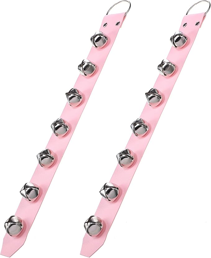 Frienda Hanging Jingle Sleigh Bells 7-Bell Dog Doorbells for Door Knob Faux Leather Belts Go Outside Dog Bells Christmas Decor and Holiday Decorations, 18.7 x 1.8 x 1 Inches(Pink with Silver)