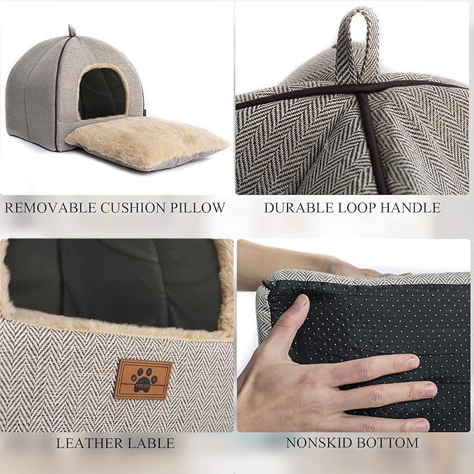 WINDRACING Cat Bed - Cat Cave House Tent with Washable Cushioned Pillow, Soft Kitten Beds, Pet Furniture (Large, Beige)