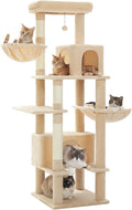 PEQULTI 66" Cat Tree for Indoor Cats, Tall Cat Tower for Large Cats with Scratching Post, Super Large Metal Hammock and 2 Big Condos, Beige