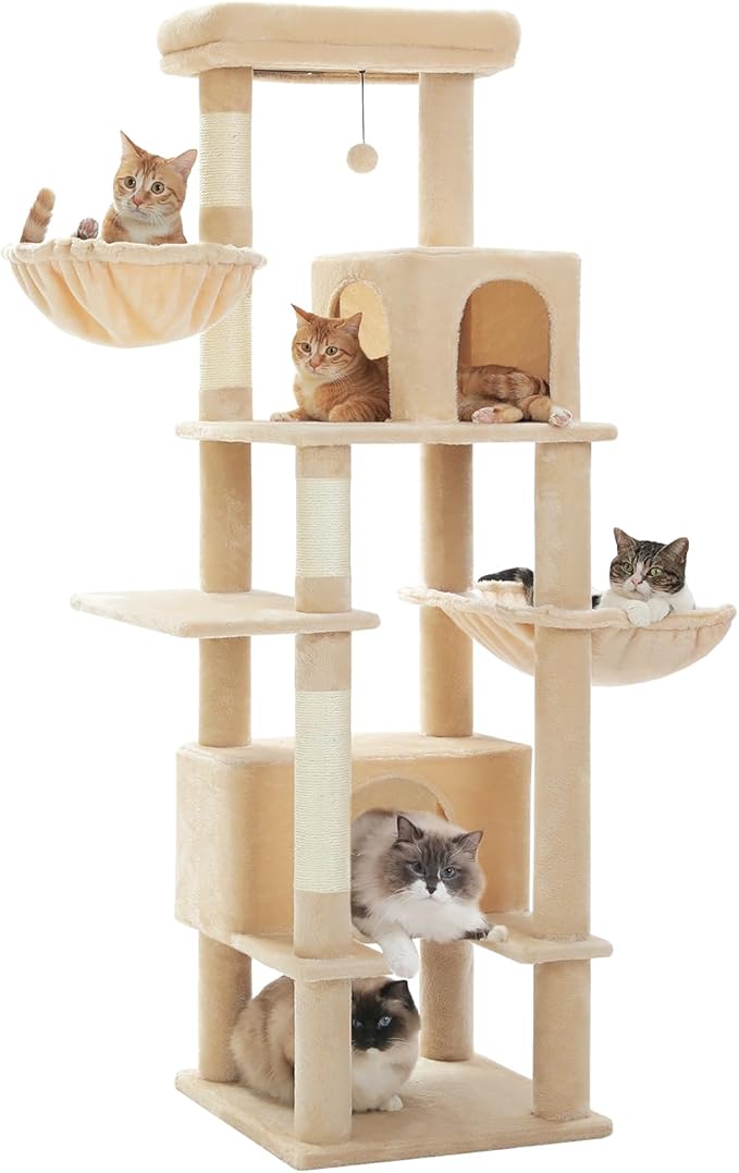 PEQULTI 66" Cat Tree for Indoor Cats, Tall Cat Tower for Large Cats with Scratching Post, Super Large Metal Hammock and 2 Big Condos, Beige