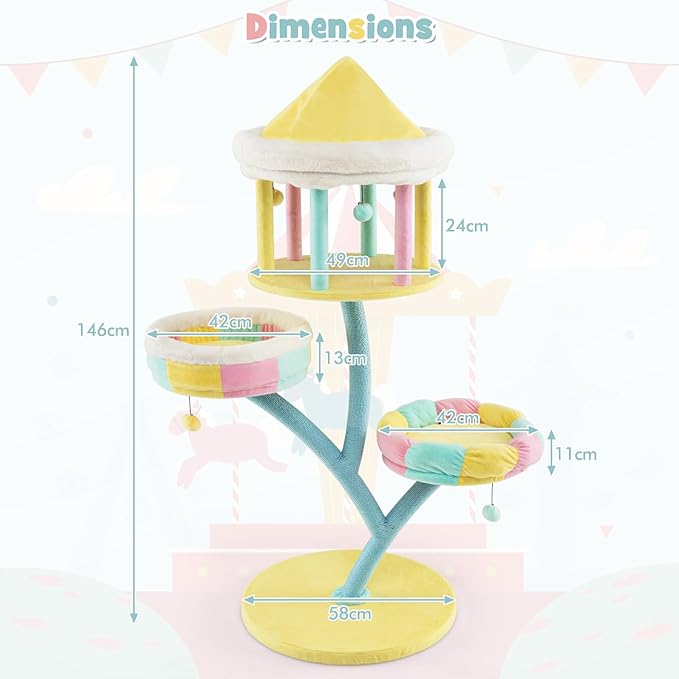 PETSITE 57.5 inch Tall Cute Cat Tree Tower, Cat Tower with Paper Rope Scratching Posts, Top Open-plan Condo, 2 Side Removable Perches, and Dangling Balls, Amusement Park Style Cat Tree for Indoor Cats