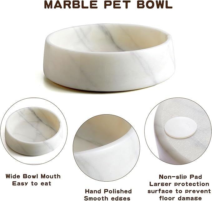 White Marble Dog Bowl, Non-Slip Non-Tipping Heavy Dog Food Bowl, Large Weighted Stone Dish, Natural Marble Pet Water Bowl, Easy to Clean, Perfect Gift for Cat & Dog Lovers, Holds 6 Cups(6 lbs)