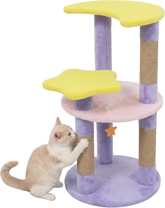 Tangkula Cute Cat Tree, 29 Inch Multi-Level Cat Tower with Jute Scratching Posts, Star & Moon Shaped Platforms, Perch Dangling Toy, Cat Climbing Furniture for Indoor Cats (Purple)