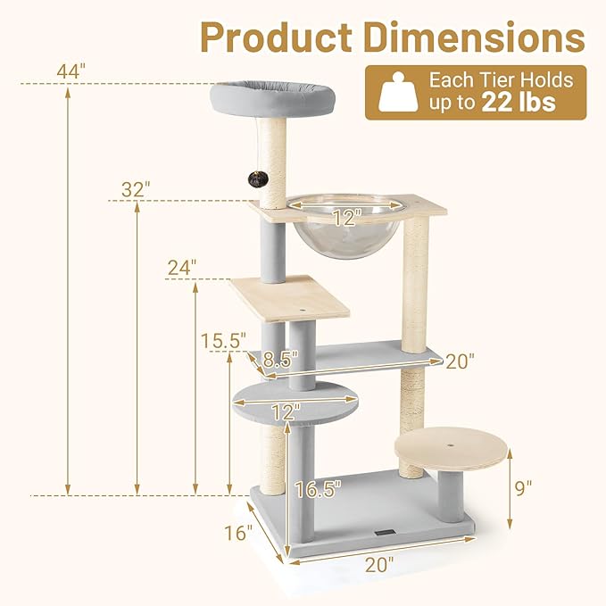 PETSITE 44 Inch Modern Cat Tree, Multi-Level Cat Tower with Sisal Scratching Posts, Space Capsule, and Dangling Toy with Bell, Wooden Cat Tree Tower for Indoor Cats, Grey