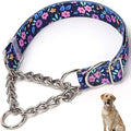 Stainless Steel Chain Dog Martingale Collar, No Pull Slip Cinch Choker Choke Collar Training Escape Proof Heavy Duty Dog Collar for Small Medium Large Pet Girl Female Dogs, Purple Floral M