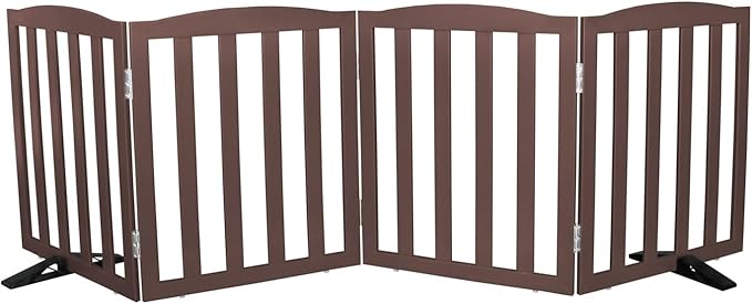 Freestanding Dog Gate Indoor,Doggie Gate Foldable Pet Gates for Doorways,Stairs or Hallways, Wooden Brown Pet Gate for the House, Pet Fence with Support Feet Included,24 "Height-4 Panels