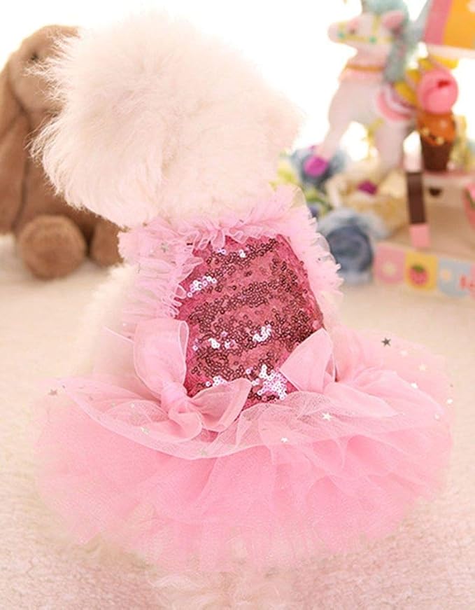 Fashion Sweet Puppy Dog Blingbling Princess Skirt Pet Dog Lace Cake Camisole Tutu Dress Pink Small