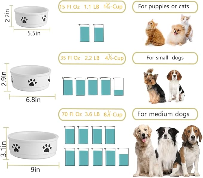 Sweejar Ceramic Dog Bowls with Paw Pattern, Dog Food Dish for Large Dogs, Porcelain Pet Bowl for Water 70 Fl Oz (White)