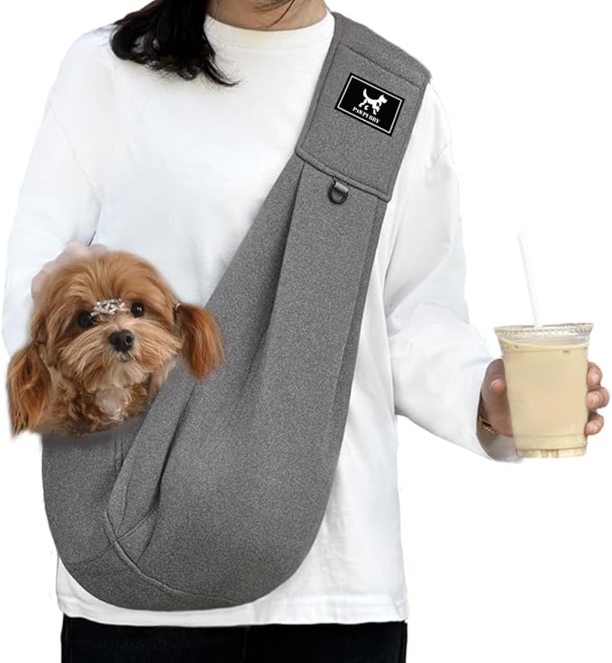 Dog Sling Carrier for Small Dogs up to 15 lbs - Hands Free Puppy Sling (Size M) - Ergonomic Padded Strap & Safety Hook Based on Owner's Bust, Dark Gray
