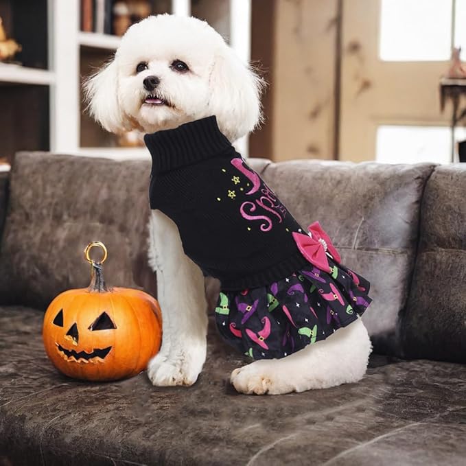 CuteBone Halloween Dog Sweater Dress Spooky Embroidery Turtleneck Puppy Sweater with Bowtie Harness Hole Pullover Winter Dress for Medium Dogs