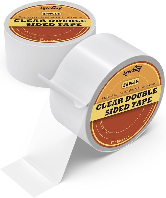 Lzerking Clear Double Sided Tape 2 Rolls Clear Removable Wall Safe Heavy Duty Double Sides Self Sticky Wall Fabric Tape for Arts, Crafts, Photography, Scrapbooking 2in×20 Yards