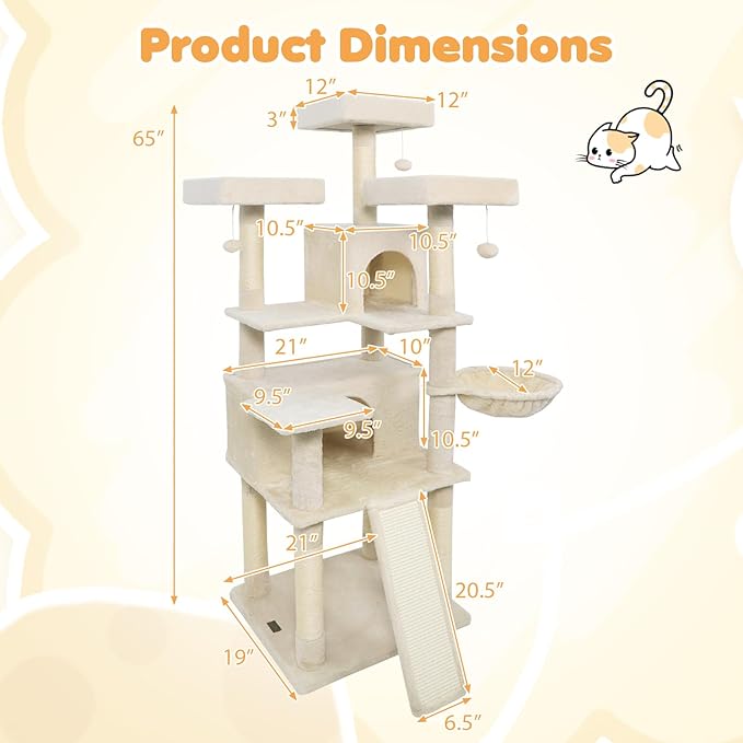 Tangkula 65 Inch Tall Cat Tree, Multi-Level Cat Tower with Sisal Scratching Posts & Board, 2 Condos, 3 Plush Top Perches, Adjustable Basket, 3 Hanging Balls for Indoor Cats (Beige)