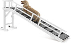 Dog Ramp for Bed or Couch, Wooden Pet Ramp with 20° Gentle Slope, Removable Side Rails, Non-Slip Surface, Top Platform & Wheels, Safe Bed Ramp for Small, Large & Senior Dogs, 74" Long, White