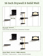5-in-1 Cat Wall Shelves, Solid Wood & Velvet & Sisal Scratcher, 44lbs Max Load, Wall Mounted Cat Furniture for Climbers, Cat Climbing Wall System, Fits Drywall & Solid Walls - Black