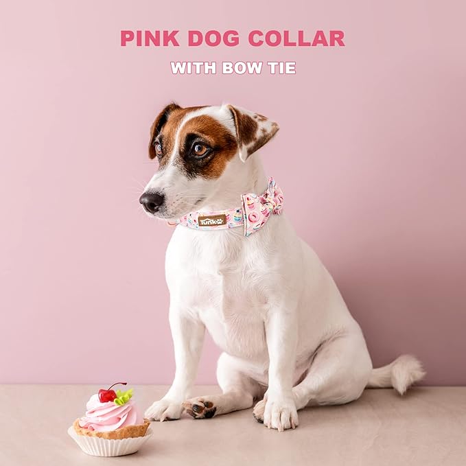 Tunkoo Pink Dog Collar with Bow Tie Cute Cake - Durable, Adjustable, and Stylish Pet Collar Available in Small Medium Large M