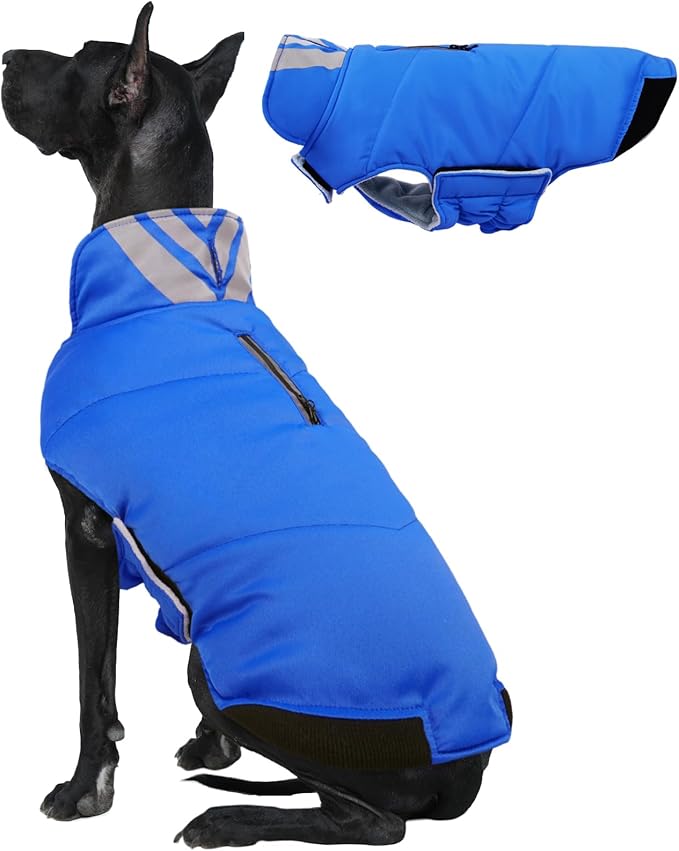 Kuoser Dog Coat Large, Cold Weather Reflective Waterproof Dogs Jacket with Warm Fleece Lining, Turtleneck Dog Winter Coat with Zipper, Doggy Snow Jacket Pet Coats for Small Medium Large Dogs, Blue 2XL