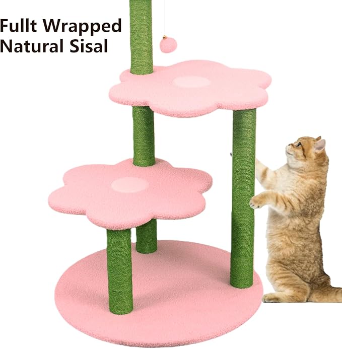 Cat Tree for Large Cats, Modern Senior Friendly 40'' Cat Tower with Wide Shelves, Scratching Posts, Super Sturdy Base, Cozy Perches, and Interactive Toys for Indoor Kittens (Pink)