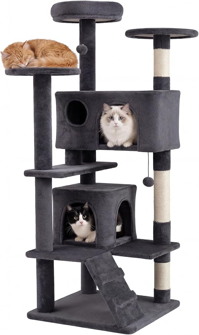 PETSITE 52-inch Cat Tree, Multi-Level Cat Tower with Sisal Scratching Posts, 2 Comfy Condos, Plush Padded Soft Top Perch, Dangling Balls, and Climbing Ladder, Ideal for Indoor Cats (Dark Grey)
