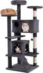 PETSITE 52-inch Cat Tree, Multi-Level Cat Tower with Sisal Scratching Posts, 2 Comfy Condos, Plush Padded Soft Top Perch, Dangling Balls, and Climbing Ladder, Ideal for Indoor Cats (Dark Grey)
