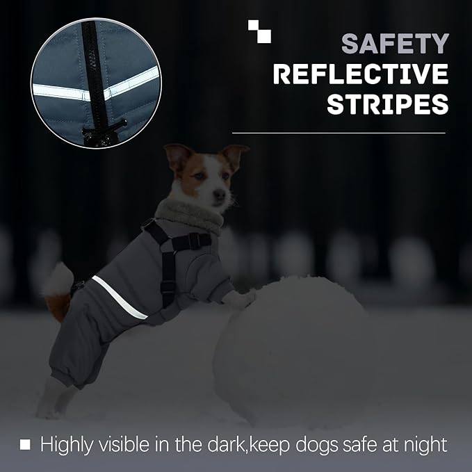 BRKURLEG Grey Dog Winter Coat, Cozy Winter Dog Jackets, Small Dogs Coat with Harness, Onesie Body Warm Puppy Jacket, Pet Reflective Windproof Cold Weather Jackets, Puppy Four-Legged Puffer Coats, L