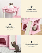 SYANDLVY Cat Tree for Indoor Cats Large Adults, Modern Activity Tower with Scratching Posts & Board, Condo with Plush Perch, Climbing Stand with Cradle & Hanging Ball for Play, Pink