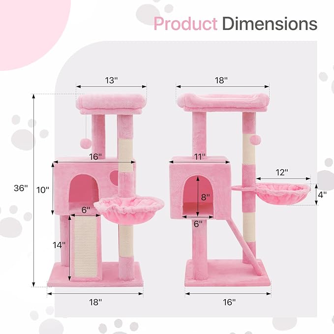 36 Inch Cat Tower for Indoor Cats, Multi Level Cat Condo with Scratching Post, Ramp, Plush Perch, Cat Cave, Basket, Cat Activity Center w/Ball for Small Space, Soft Pink