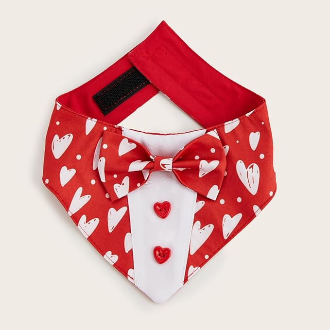 Valentine Dog Tuxedo Bandana with Bow Tie, Adjustable Tuxedo Style Heart Pattern Pet Costume for Dogs, XS to XL