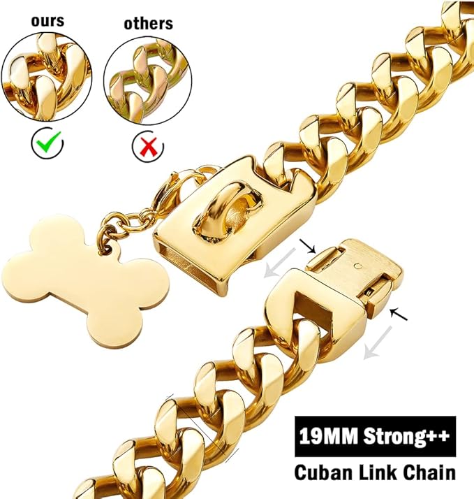 Gold Dog Chain Collar with Design Secure Buckle & ID Tag,18K Cuban Link Strong Heavy Duty Chew Proof Metal Walking Collar for Large Dogs(19MM 24'')