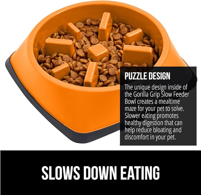 GORILLA GRIP Patented BPA Free Slow Feeder Dog Bowls, Interactive Puzzle Toy for Dogs and Cats Food Training Enrichment, Keeps Pets Busy and Prevents Puppy Overeating, All Breeds, 2 Cup, Orange