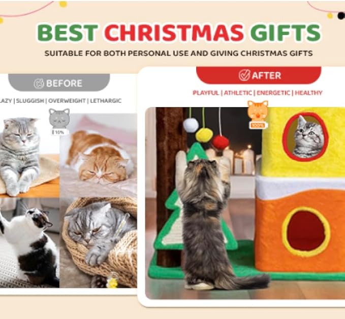 VINGLI 56IN Christmas Themed Plush Cat Tree, Multi Level Large Cat Tower for Indoor Cats with 3 Condos, Crown Top Perch, Xmas Tree Sisal Scratching Ramps, Posts & Hanging Balls Pet Activity Center