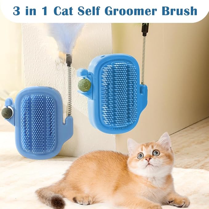 3-in-1 Cat Self Groomer Brush – Wall Corner Cat Scratch Pad with Catnip Ball & Feather Toy, Cactus-Style Wall Brush for Indoor Cats, Cats Massager & Face Scratchers for Fur Pets