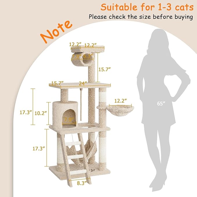 55 Inch Multi-Level Cat Tree Tower with Condo, Plush Perches, Scratching Posts, Hammocks, and Play House, Beige