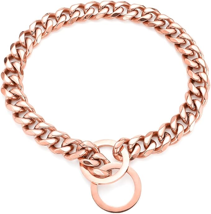 Rose Gold Dog Chain Collar 11mm/15mm/19mm Stainless Steel Cuban Link Chain Collar for Small Medium Large Dogs(15mm,16inch)