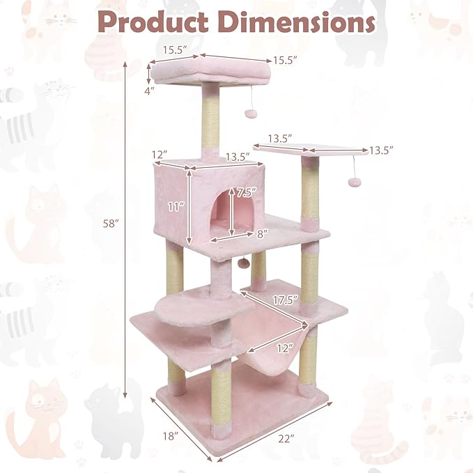 Tangkula 58 Inch Pink Cat Tree, Multi-Level Cat Tower with Sisal Scratching Posts, Padded Top Perch, Condo & Hammock, 3 Hanging Balls, Jumping Platforms for Indoor Cats (Pink)